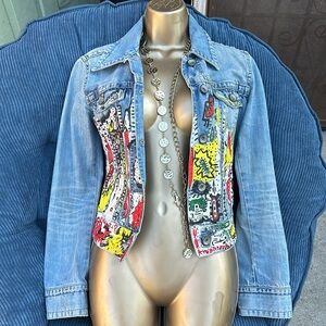 Vintage One of a Kind Artist Hand Painted graffiti wash Jean Statement Jacket